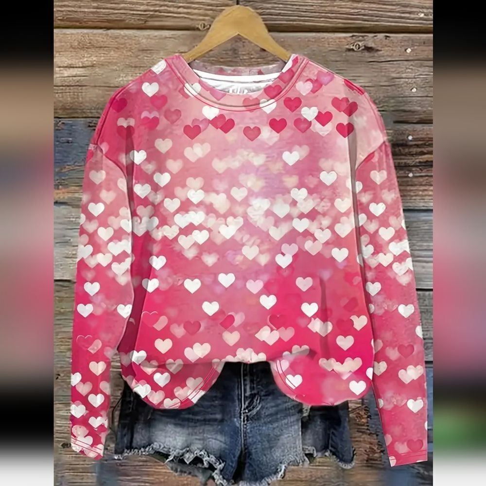 Gradient Red Pink Long-Sleeved Top with White Hearts Valentines Day Sz 20